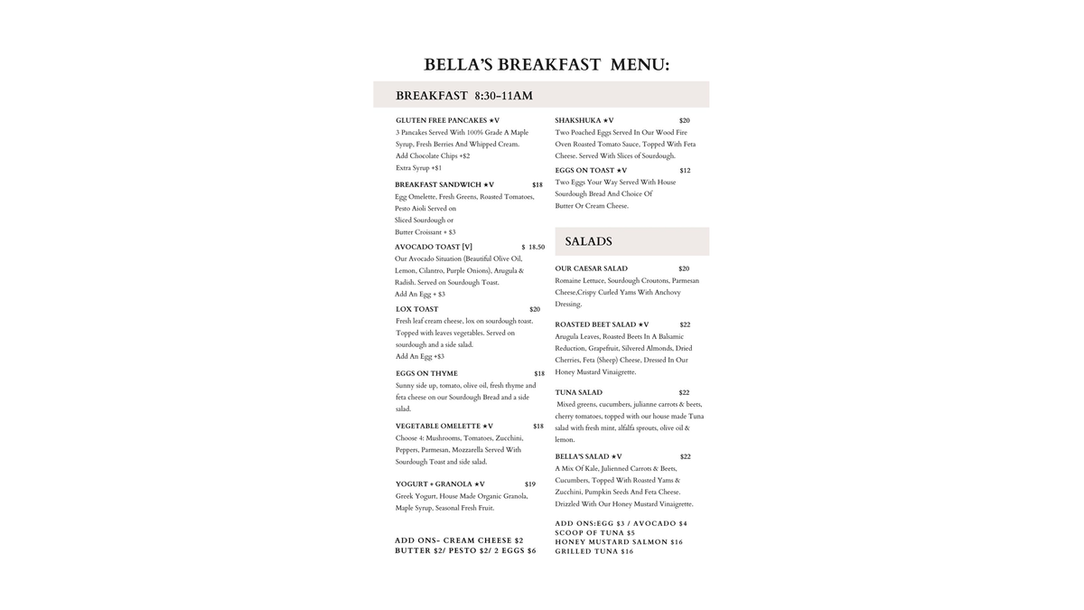 Menu – Bellas + Bread + Butter